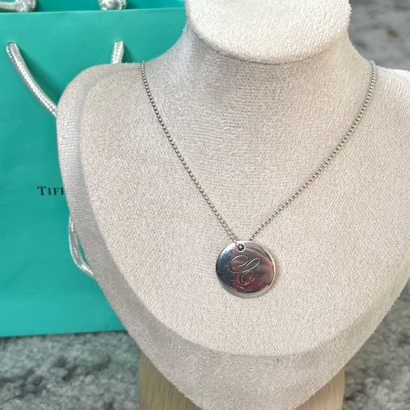 Tiffany Notes Alphabet “C” Disc Charm Pendant 18 in Ball Chain Sterling Silver - Picture 10 of 14